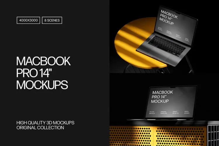 8款光影Macbook笔记本电脑网页ui设计作品展示效果图ps样机 Macbook Pro 14″ Mockups