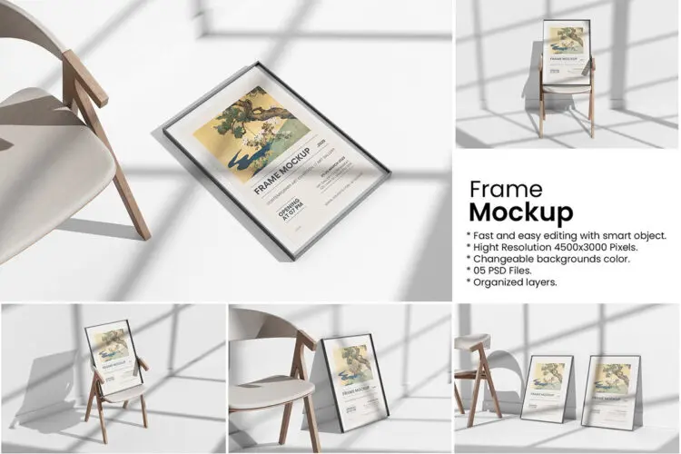 5款海报照片绘画作品装饰框架边框模型展示设计贴图psd样机素材 Frame Mockup