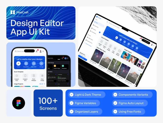 100屏响应式设计编辑器网站用户界面ui套件明暗双配色模板 PixelCraft – Design Editor App UI KIT