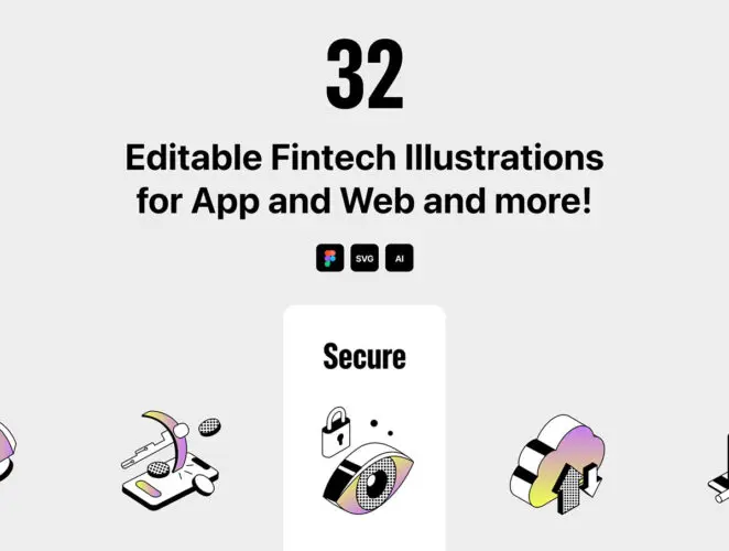 32 幅可编辑的金融科技插图适合网页应用程序和演示文稿 32 Editable Fintech Illustrations