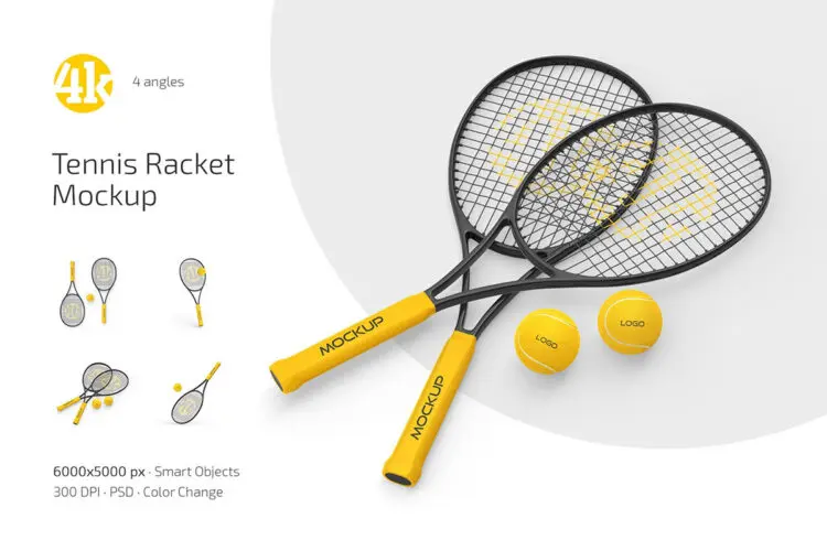 专业网球拍训练球拍线logo标识设计贴图ps样机素材展示效果图 Tennis Racket Mockup Set