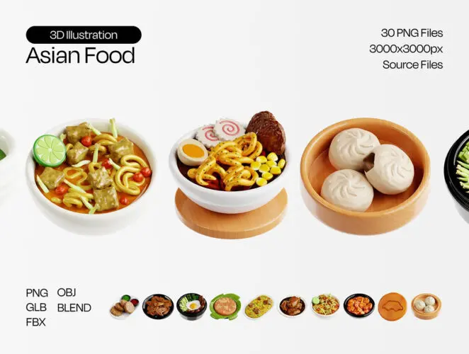 30款3D卡通亚洲中国美食小吃包子炒饭饺子炒面烤肉icon图标素材 Asian Food 3D Icon Set