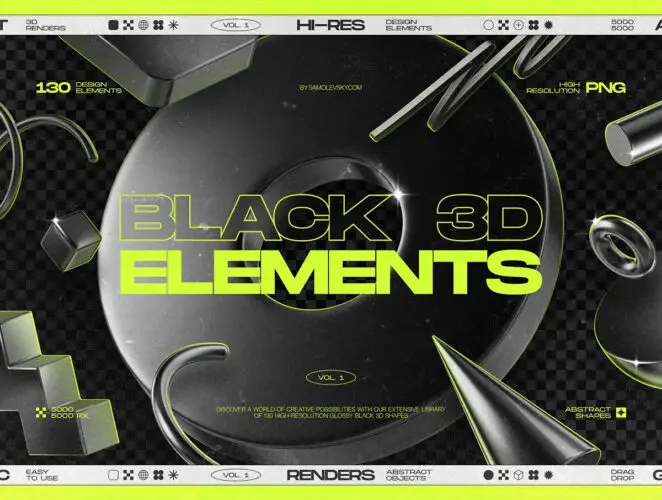 130款黑色抽象艺术未来科幻3D哑光金属几何图形视觉海报webp免抠图片素材 130 Black 3D Elements Collection Vol.1