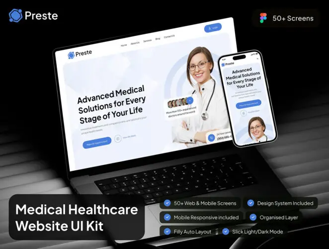 在线医疗健康医疗保健网站移动用户界面app设计模板 Preste – Medical Healthcare Website UI Kit