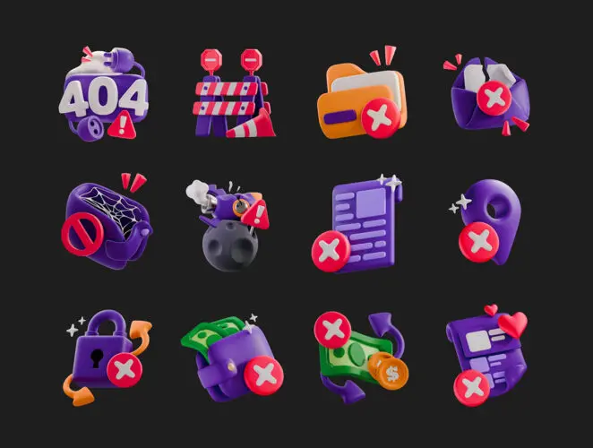 12款404错误网页空状态3D卡通插图插画webp免抠图片icon图标素材 Fail States 3D Icon