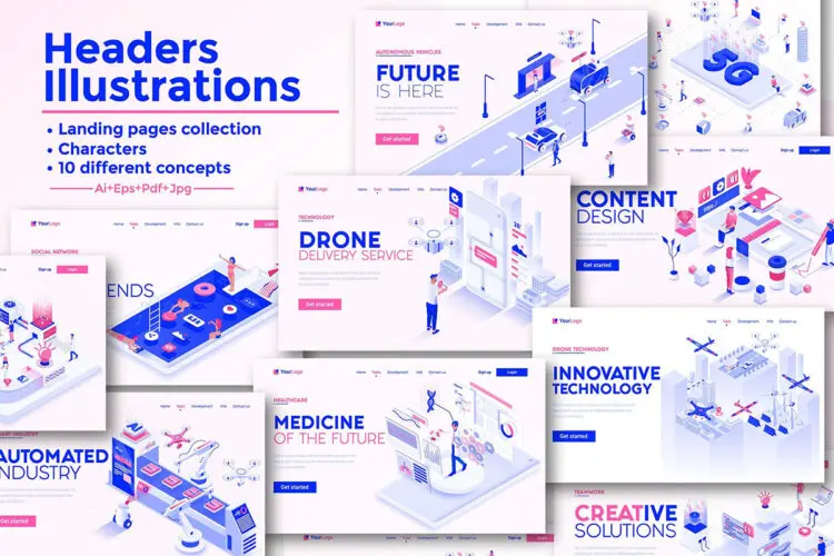 5G 网络自动驾驶无人机送货等主题的登陆页面Landing page template on various topics