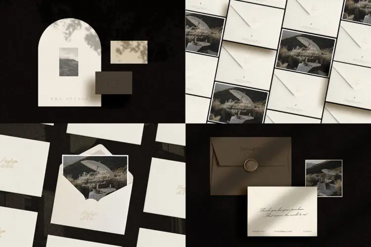 14款质感光影信封信纸名片贺卡明星片设计作品展示效果图ps样机 Sezanne – Mockup Scene Creator