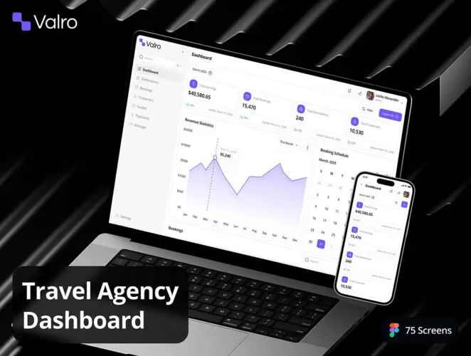 旅行社客户行程安排酒店预订后台数据统计订单管理ui界面设计模板 Valro – Travel Agency Dashboard Admin UI Kit
