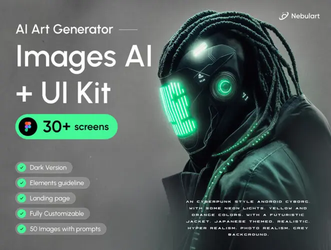 30屏AI人工智能文生图绘画图像生成工具App应用ui界面设计模版 Nebulart – AI Art Generator App & Landing Page