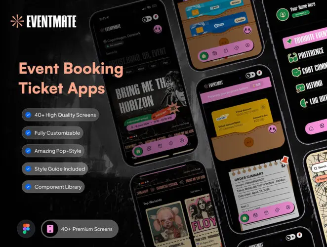 40屏高品质活动票务线上预订应用app设计用户界面ui套件模板 Eventmate – Event Ticketing App