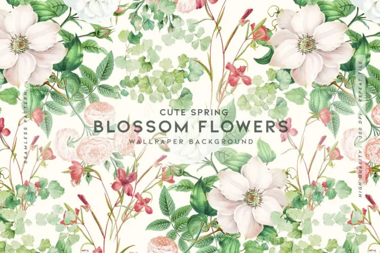 创意潮流时尚扁平化文创手绘春天盛开的花朵花卉插图插画PS图案素材 Cute Spring Blossom Flowers