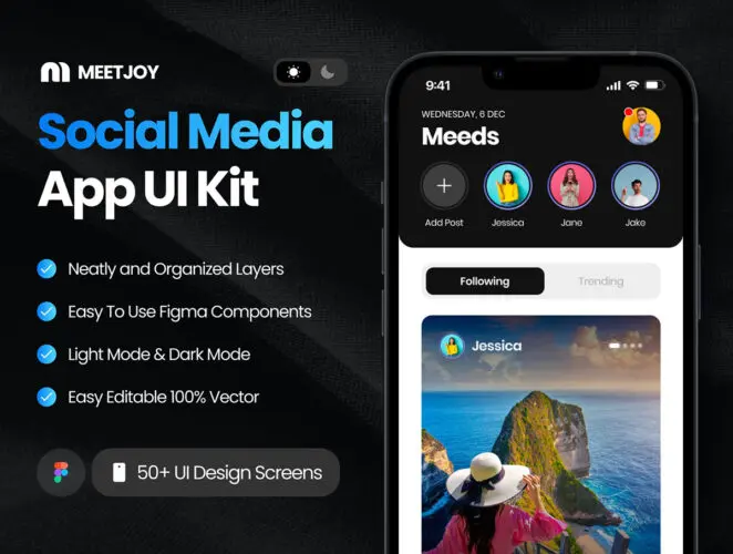 50屏移动社交媒体短视频直播应用app设计用户界面ui套件模板 MeetJoy – Social Media App UI Kit