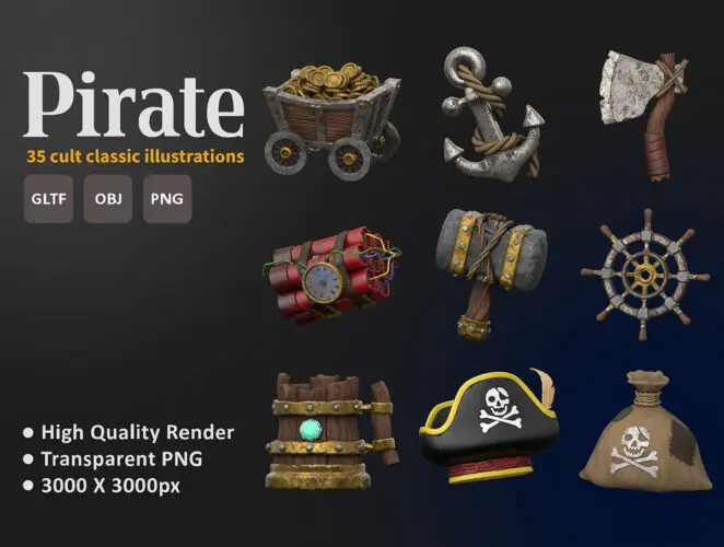 35款卡通加勒比海盗骷髅插图3D图标icon设计素材 Pirate 3D icons Set