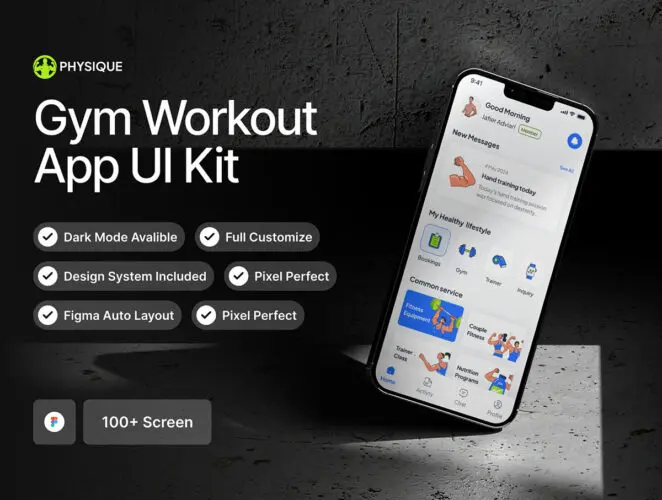 100屏健身锻炼训练教学应用app设计用户界面ui套件明暗模板 Phisique – Gym Workout App UI KIT