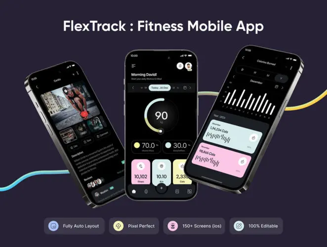 150+屏双配色营养膳食健身锻炼训练跑步数据追踪APP ui界面设计Figma模板 FlexTrack – Fitness App UI Kit