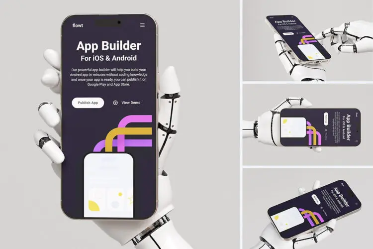 机器人手持手握苹果手机模型屏幕作品展示设计贴图ps样机素材 Robot Hand Phone Mockup