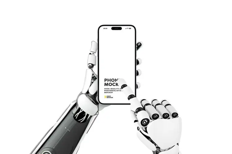 机器人双手拿手机模型屏幕UI/UX展示设计贴图ps样机素材模板 Robot Holding Phone Concept Mockup
