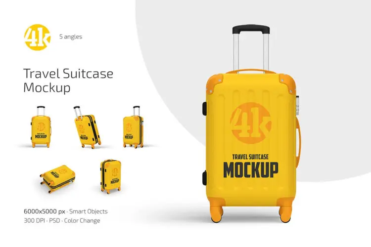 拉杆式行李箱旅行箱模型品牌包装设计贴图ps样机素材 Travel Suitcase Mockup Set