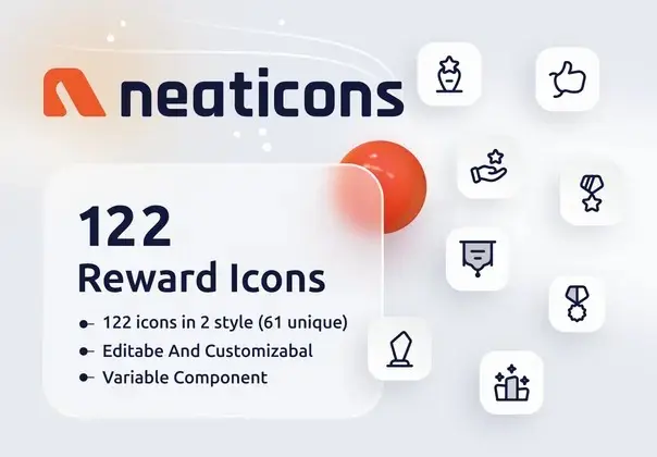 122款时尚圆角荣誉奖励奖杯奖牌奖章爱心点赞icon图标ai矢量素材 Neaticons – Reward Icons