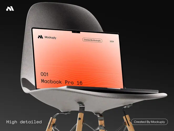 6款工业风Macbook苹果笔记本电脑网页ui设计作品展示效果图ps样机 Mockuply Macbook pro 16 on chair