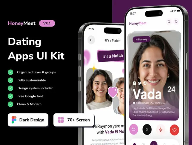 社交在线约会交友平台软件移动App应用UI界面设计模板 HoneyMeet – Dating Mobile App UI Kits