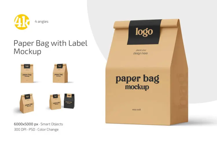 食品礼物牛皮纸包装袋模型品牌logo标识设计贴图ps样机素材 Paper Bag with Label Mockup Set