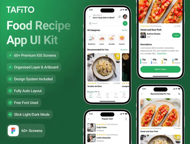 60+屏美食菜谱烹饪食品食谱应用程序 UI 套件Tafito – Food Recipe App UI Kit