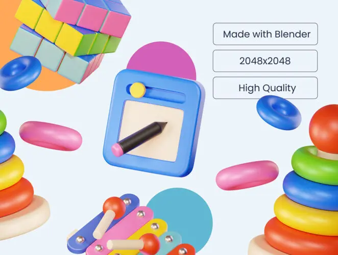 13款儿童和婴儿玩具的 3D 图标插图 3D Icon Illustration Kids and Baby Toys