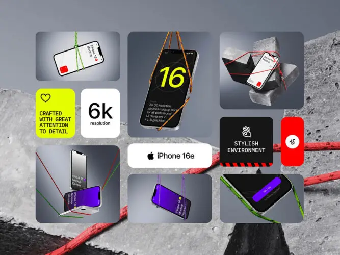 16款岩石绳索工业风iPhone 16e手机ui设计作品展示效果图ps样机 Z-Mockups iPhone 16e