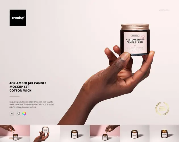 5款4盎司琥珀色罐装蜡烛模型手持香氛标签产品包装设计展示效果图ps样机素材 4oz Amber Jar Candle Mockup Set – Cotton Wick