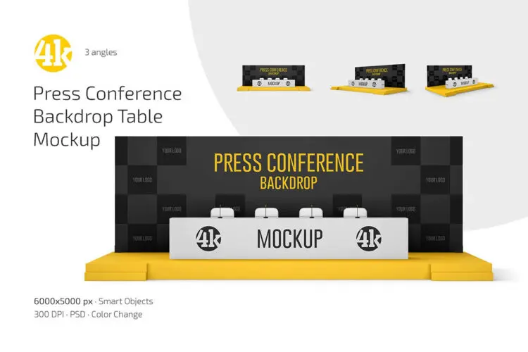 新品发布会入场签到剪彩背景板设计作品展示效果图ps样机素材 Press Conference Backdrop Mockup Set