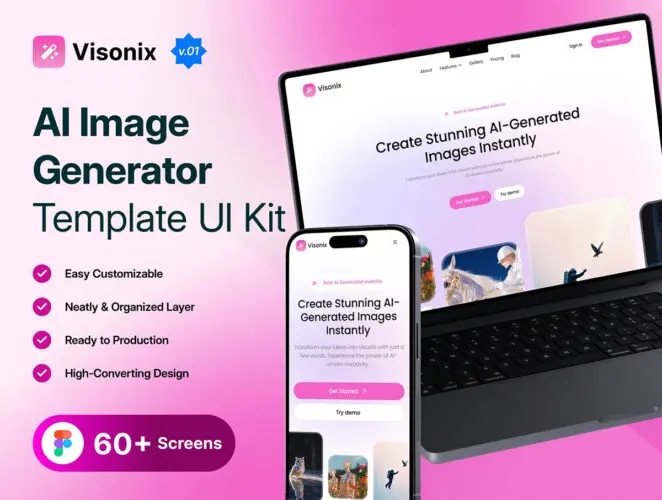 现代人工智能图像生成器网站 UI 套件 Visonix – Modern AI Image Generator Website UI Kit
