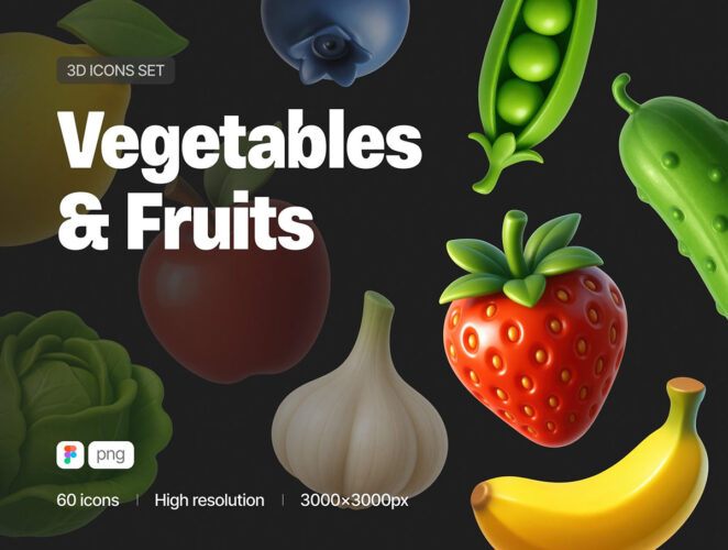 60个蔬菜和水果3D图标icon素材png免抠图文件 Vegetables & Fruits 3D Icons