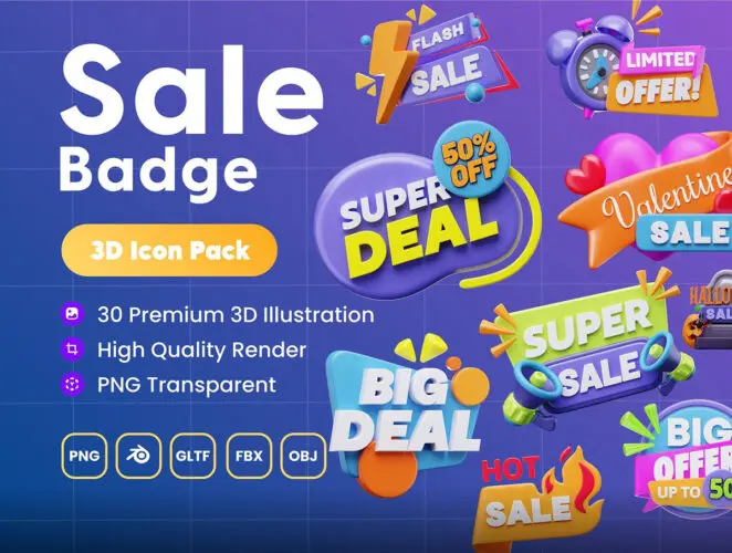 30款电商购物节促销打折营销优惠活动3D图标icon素材webp免抠图片 Sale Badge 3D Icon Set
