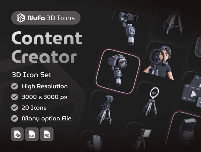 20款短视频创作主播直播设备3D图标icon设计素材png免抠图片 Content Creator 3D Icon Set