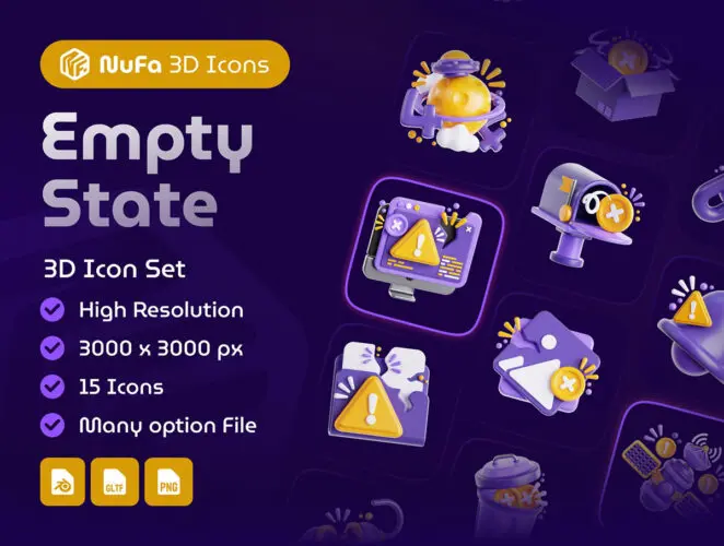 30款app网页断网空状态404占位3D图标icon国外设计素材webp免抠图文件 3D Empty State Icon Set