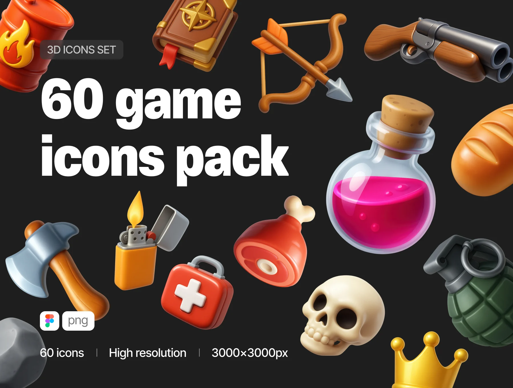 60款3D立体卡通游戏网页UI界面icon图标插图插画png免抠图片素材 Game Assets | 60 3D Icons