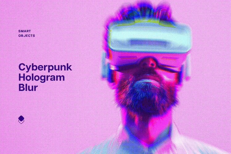 赛博朋克全息图模糊照片效果PS特效样机 Cyberpunk Hologram Blur Photo Effect