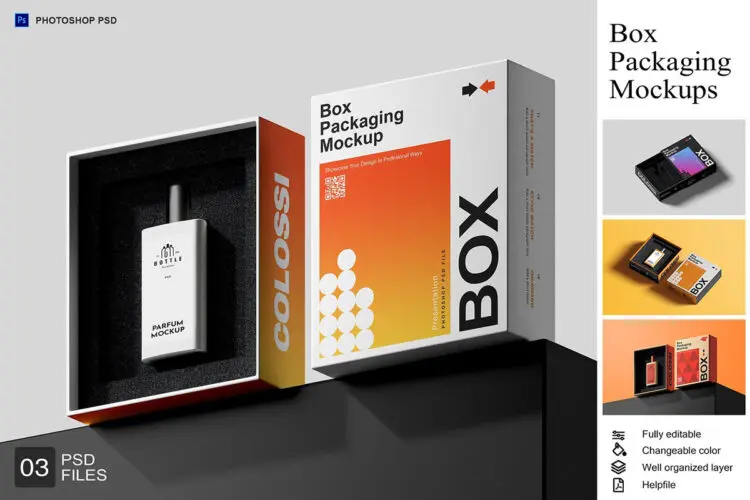 3款商品零售包装纸盒模型品牌展示设计贴图psd样机素材 Box Mockups