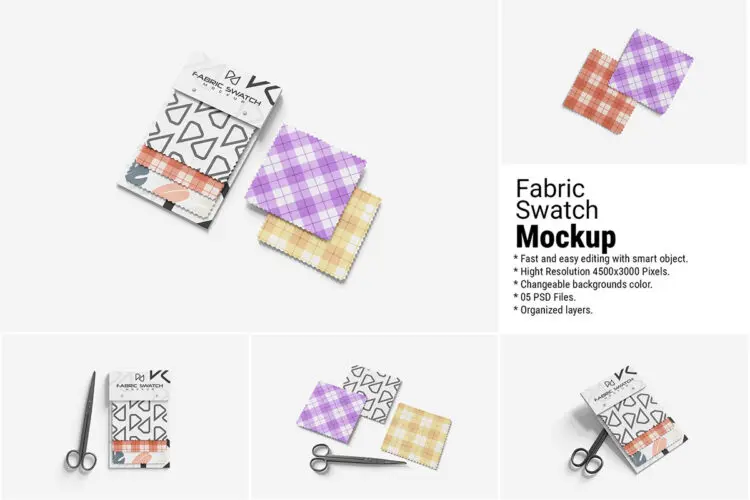 5款小样亚麻纺织布料印花图案设计贴图psd样机素材 Fabric Swatch Mockup