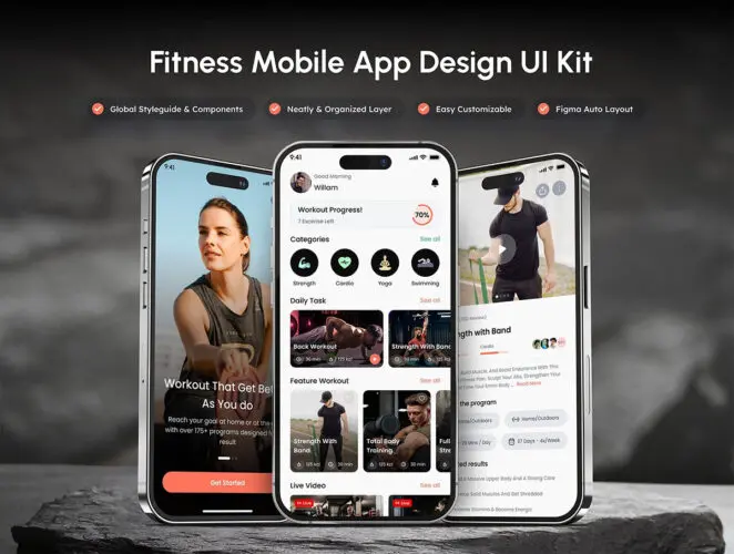 80+屏健身与锻炼移动应用程序 UI 设计 Fitness & Workout Mobile App UI Design