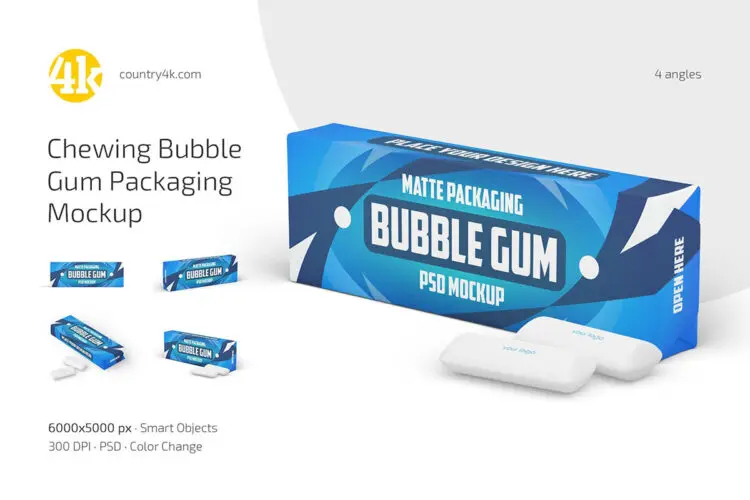 4款长条形口香糖泡泡糖模型品牌包装设计贴图psd样机素材 Chewing Bubble Gum Packaging Mockup Set