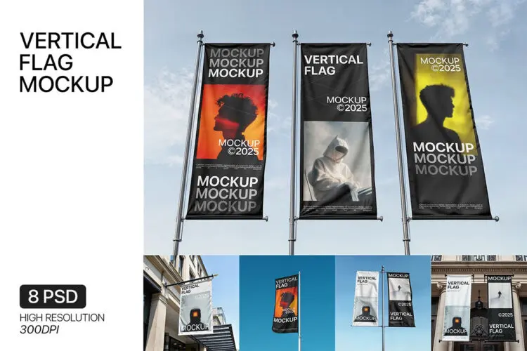 8款户外旗帜道旗刀旗广告海报导视设计作品展示效果图ps样机素材 Vertical Flag Mockup