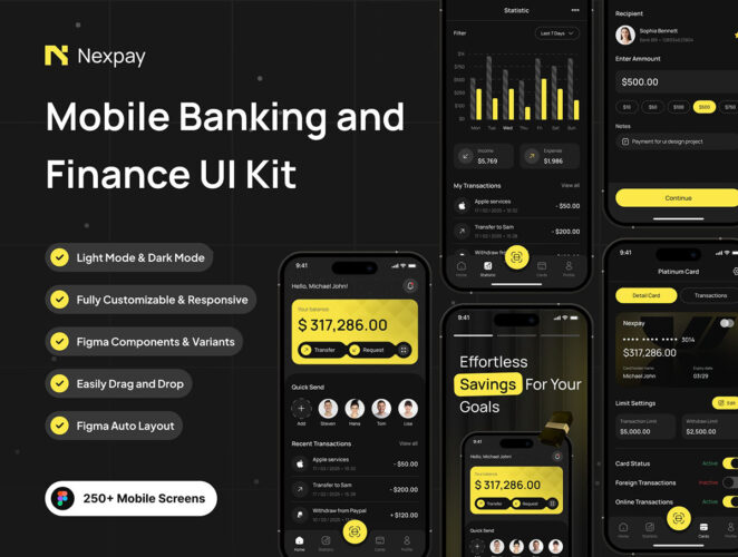 手机银行和金融应用程序 UI 套件 Nexpay – Mobile Banking and Finance App UI Kit