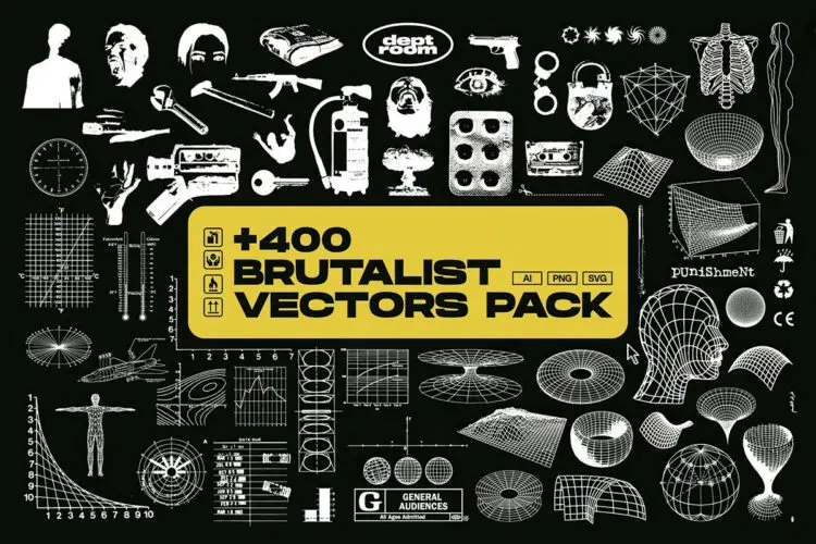 415款野兽派故障线框图复古未来主义轮廓包装图标 +400 Brutalist Vectors