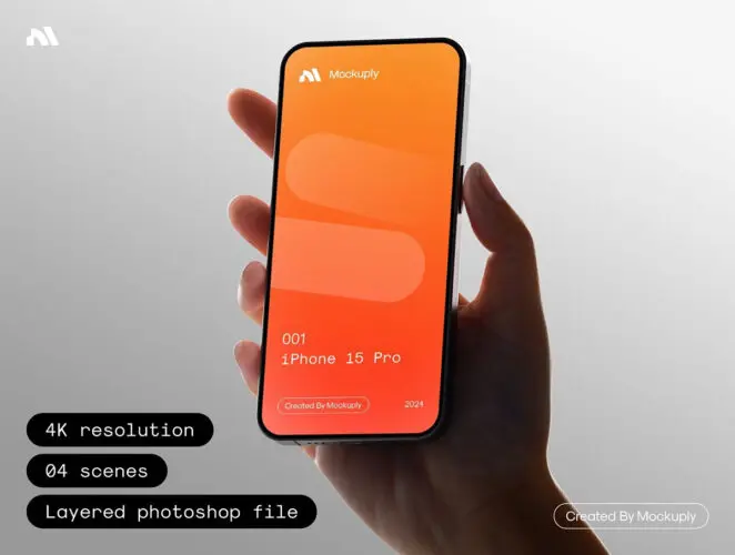 逆光工业风手持iPhone 15手机App界面UI设计作品展示效果图ps样机 iPhone 15 Pro in hand