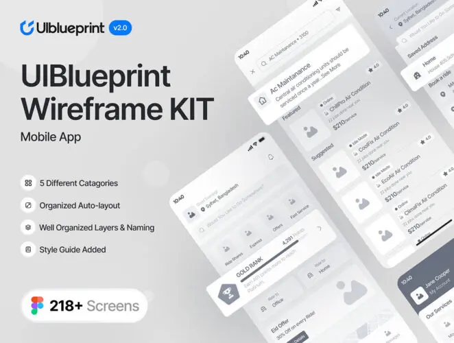 218屏AI旅行拼车和快递服务家政服务应用产品原型线框草图 UIblueprint Wireframe Kit (Version – 2)