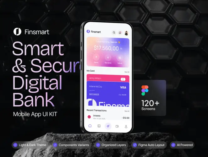 120屏时尚简约银行金融钱包交易电子支付App应用ui界面设计模版 Finsmart – Smart & Secure Digital Bank Mobile App UI KIT