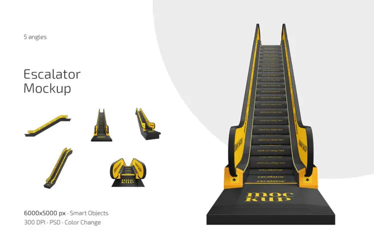 自动扶梯电梯模型品牌广告展示设计贴图Ps样机素材 Escalator Mockup Set