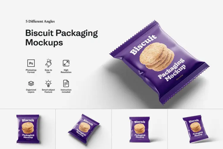 饼干零食包装袋模型品牌标识图案印花设计贴图Ps样机素材 Biscuit Packaging Mockups